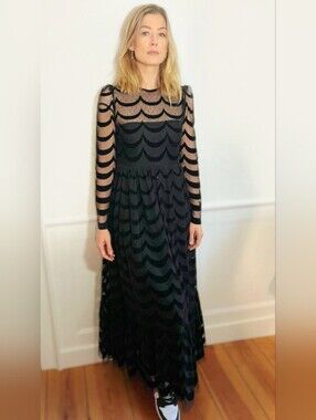 RED Valentino Swiss-Dot Tulle Maxi Dress With Scalloped Flocked Pattern Like New